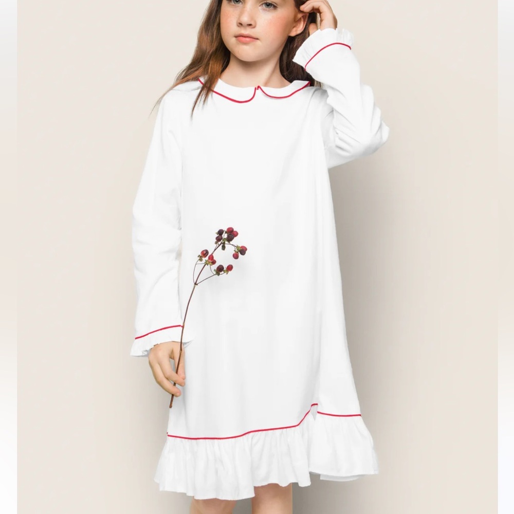 Girl's Twill Sophia Nightgown in White with Red Piping Size 8